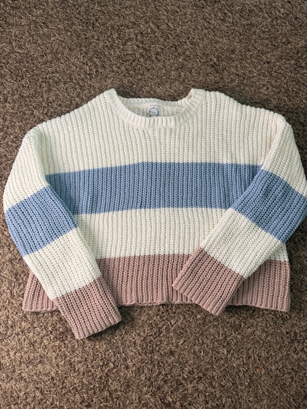 Blue Rain Cropped Striped Crewneck Sweater in White,‎ Blue & Dusty Pink